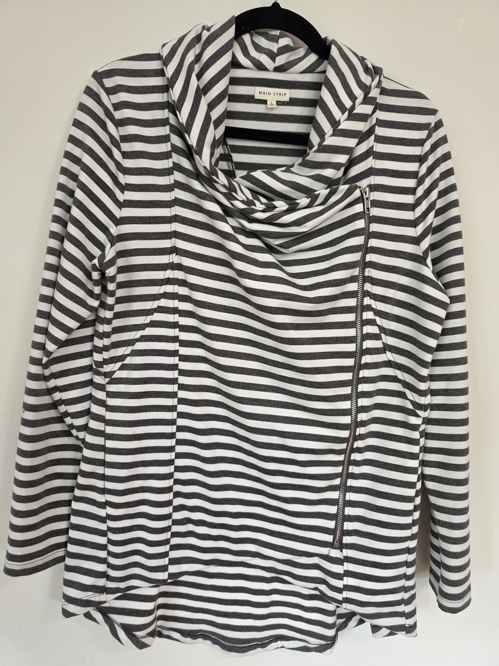 Main Strip Women's Grey and White Striped Cowl Neck Jacket - Size Large